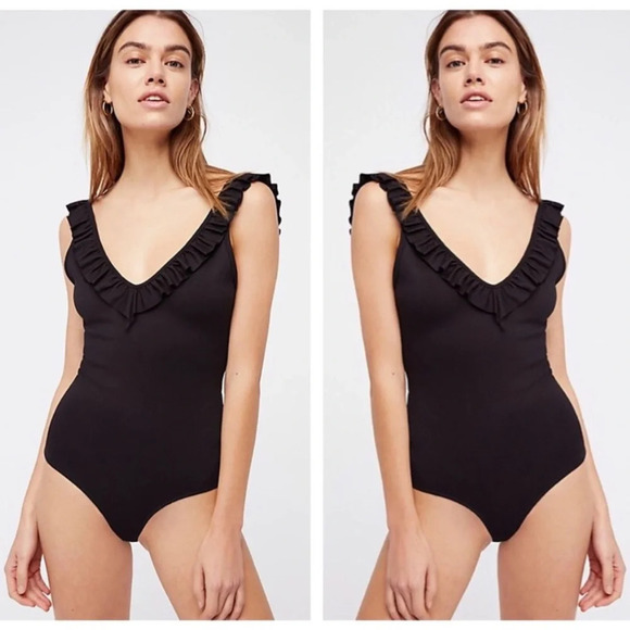 Free People Intimately - Black Ruffle Low Back Bodysuit - Size Small - EUC! - Picture 1 of 7